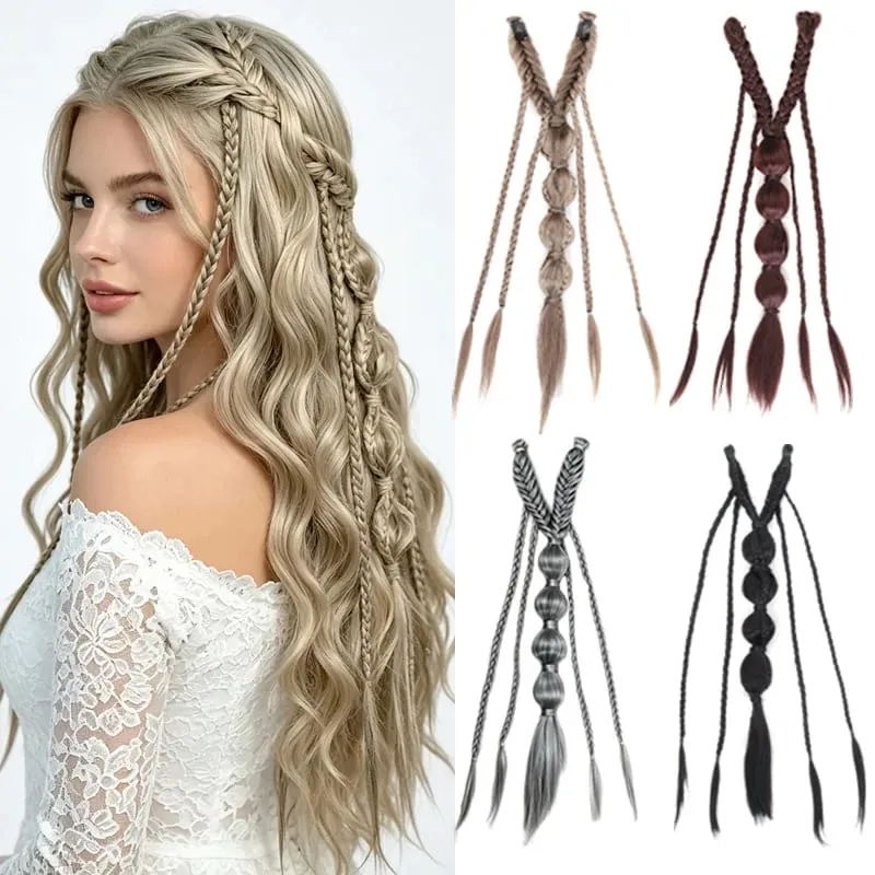 Clip in Braid Synthetic Hair Extensions Boho Festival Princess Braid Viking Renaissance Cosplay Wedding Hairpiece for Women — image 2