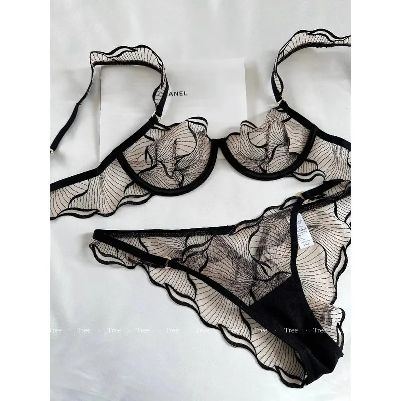 ​​Summer French Lace Bra Beachwear Large Bust Minimizer Ultra Thin Sheer Anti-Sagging Light Support Ruffles Embroidery AU MOYISU