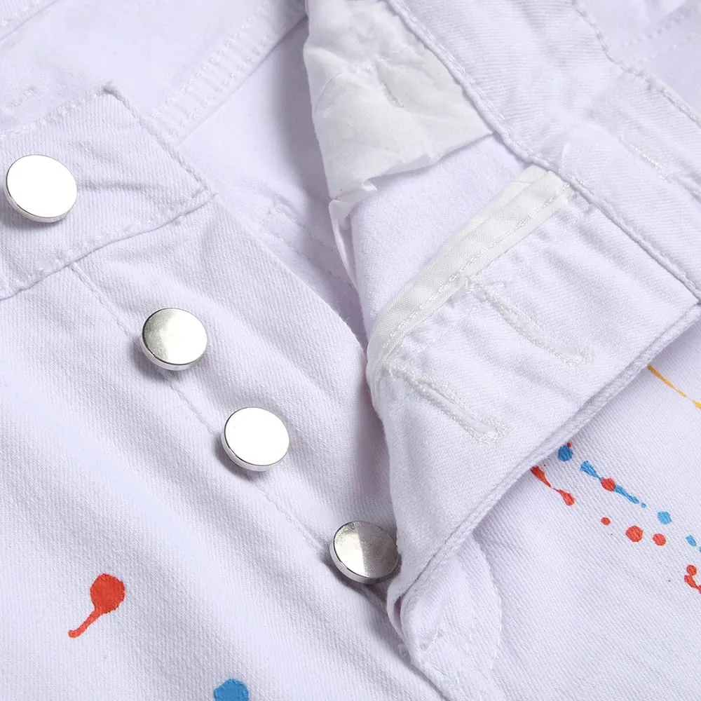 Men Painted Stretch Denim Jeans Zippers Buttons Fly Biker Pants Streetwear White Slim Tapered Trousers