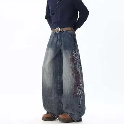 Men's Loose Straight Leg Jeans Pattern Embroidered Baggy Jeans Y2K Gothic Harajuku Hip Hop Straight High Waist Wide Leg Pants — image 6
