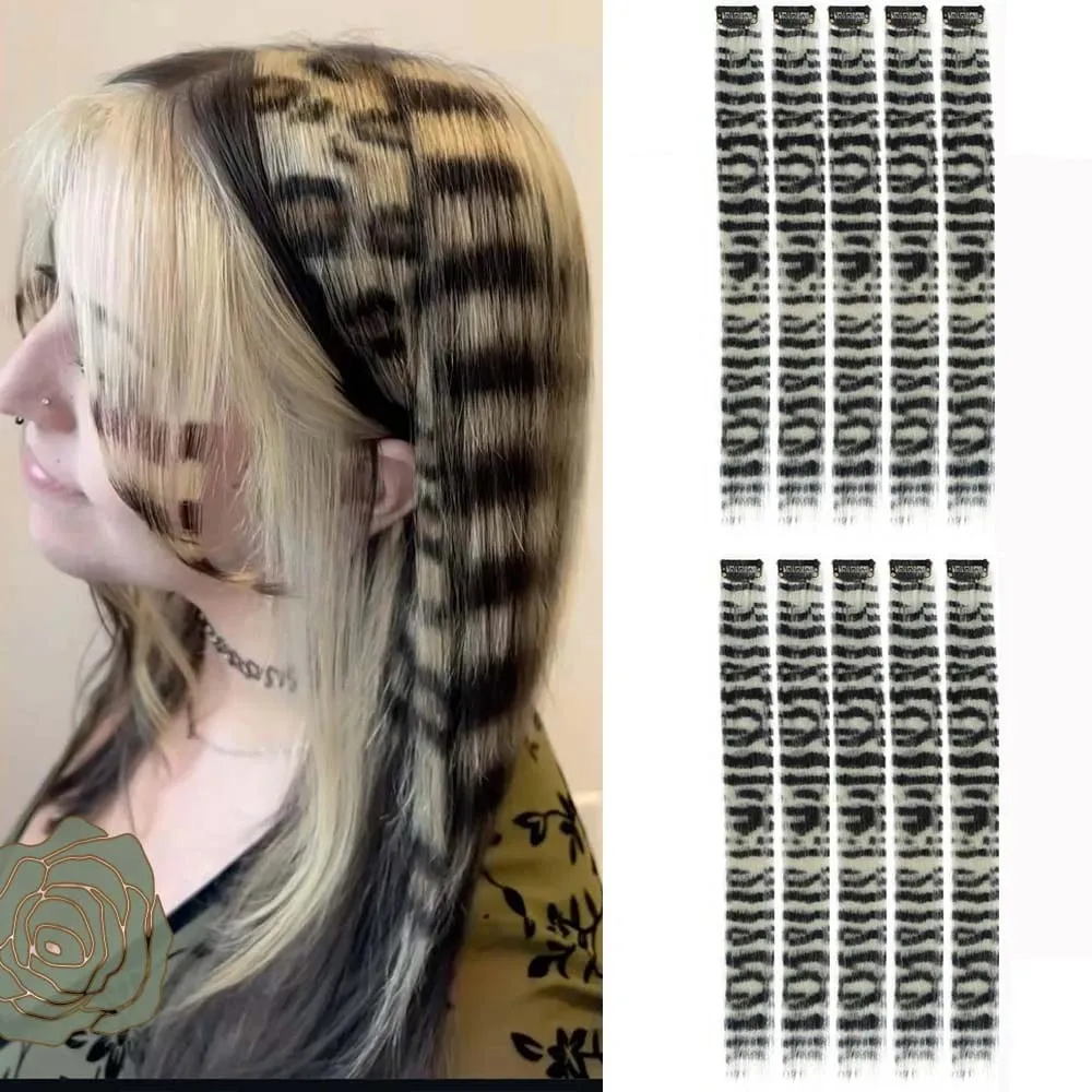10pcs/set Stripe Printed Hair Colorful Long Straight Hair Pieces Synthetic Clip-in Hair Extensions for Daily Use Party Christmas