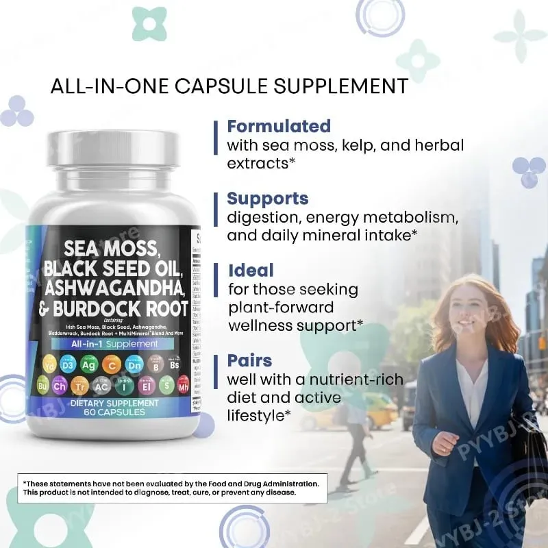 Sea Moss Capsules Contain Black Seed Turmeric & Vitamin D Plant-Based Daily Mineral All in One Supplement 60 Count Per Bottle