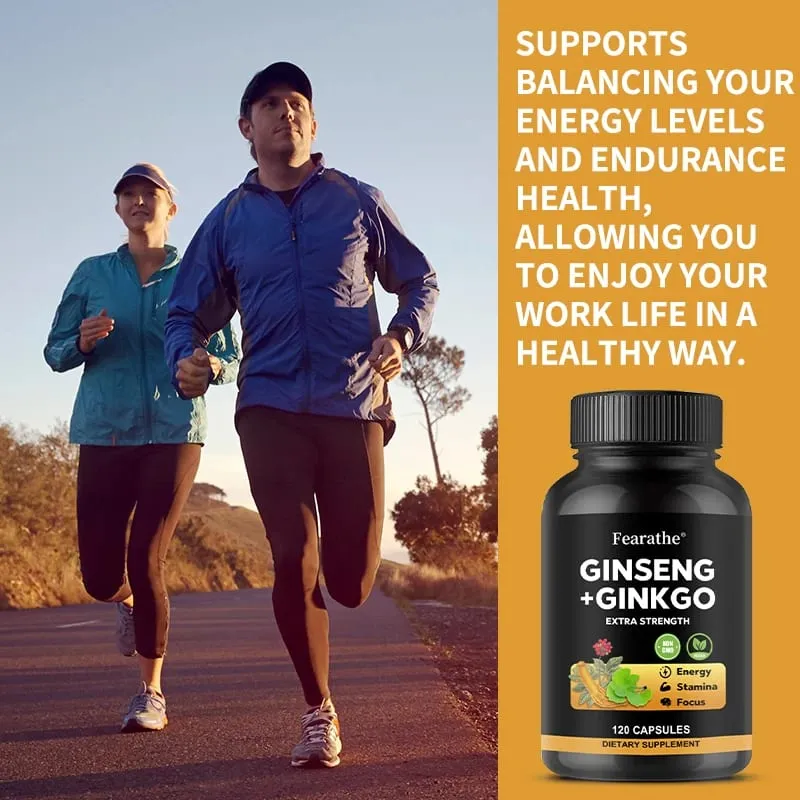 Korean Red Panax Ginseng + Ginkgo Biloba Capsules - Energy Focus & Heart Health Support 5% Ginsenosides Vegan Non-GMO