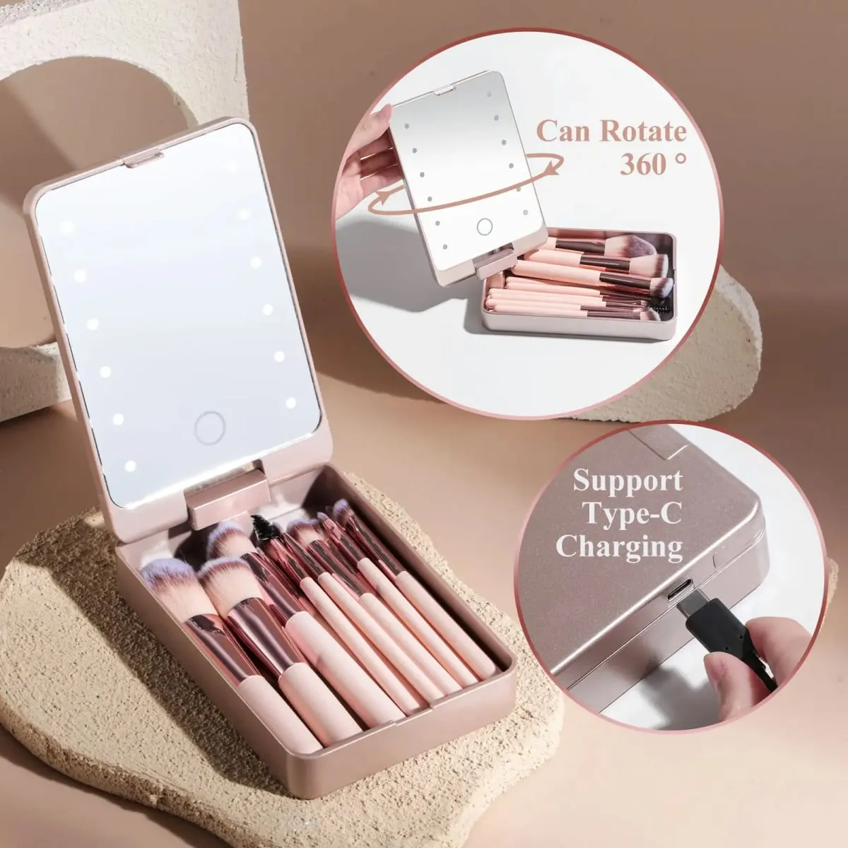 14-teiliges Make-up-Pinsel-Set mit beleuchtetem Spiegel, tragbares Make-up-Pinsel-Set mit kurzem Griff und LED-Licht, wiederaufladbar über USB