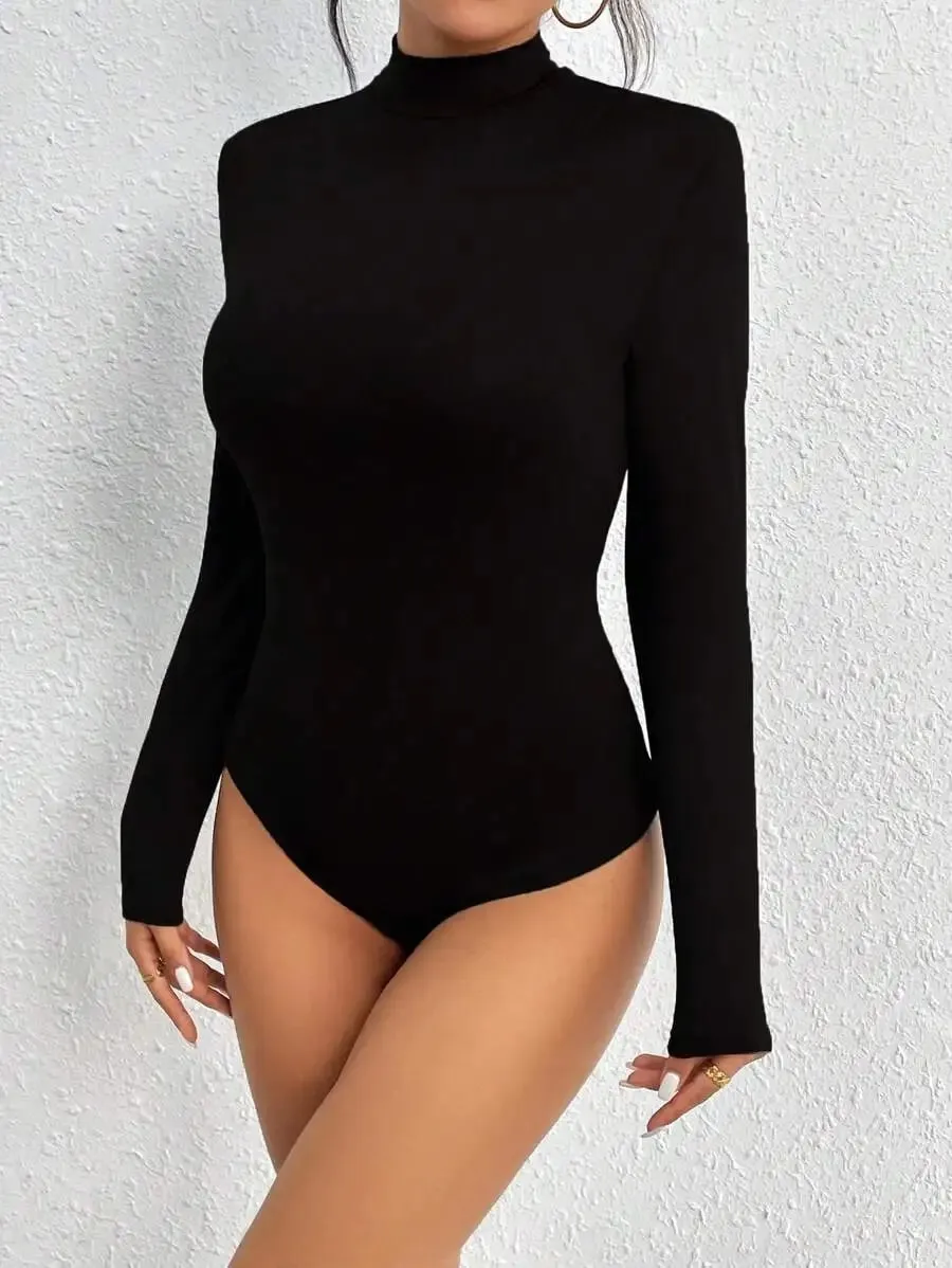 Y2K Aesthetic Mock Neck Long Sleeve Bodysuit Women Soft Stretch Slim Fit Thong Bodycon 2000s Vintage Layering Basic Top — image 2