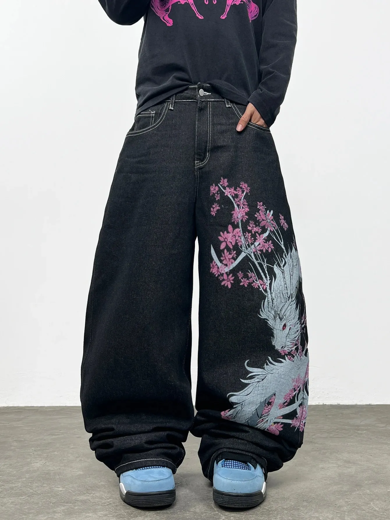 American Retro-Style Printed Dragon Black Baggy Jeans Men Y2K Street Hip-Hop Trendy Versatile Wide-Leg Pants