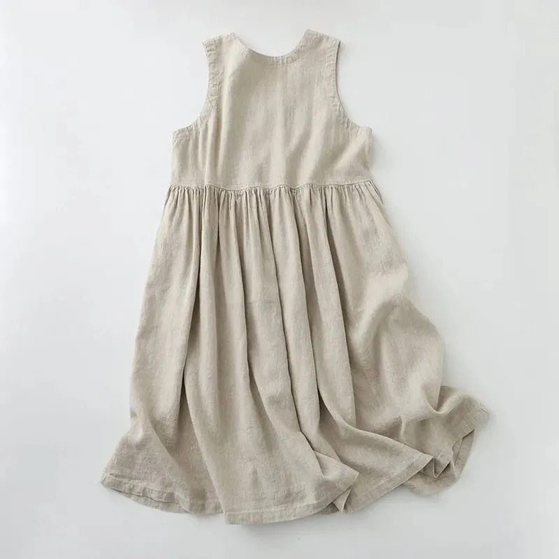2026 New Women's Cotton Linen Sleeveless Dress Casual Button Down Loose Midi Dresses for Summer Women's Casual Dresses