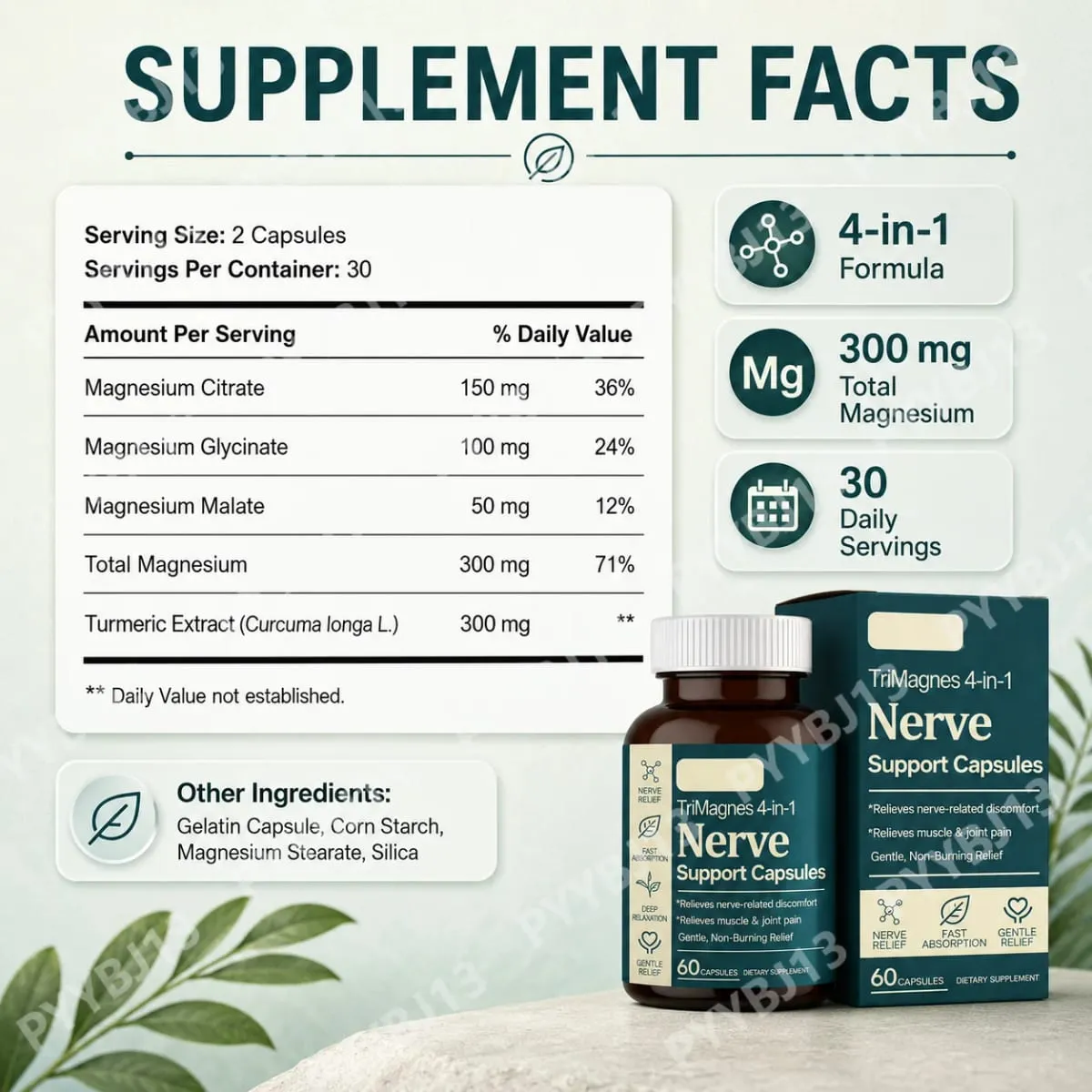 4-in-1 Magnesium Nerve Support Capsules with Citrate Glycinate Malate & Turmeric Extract 60 CT Fast Absorption Formula