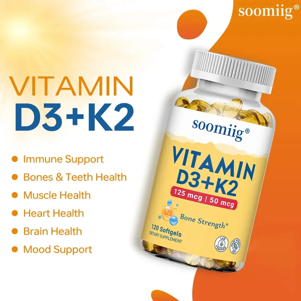 Vitamin D3+K2 Capsules 5000IU 120pcs Bone & Immune Support Vegan Supplement for Bone Precision and Overall Health