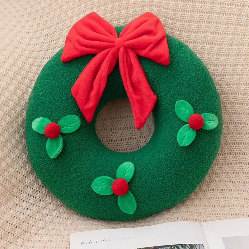Christmas Day Plush Decor Pillow Stuffed Wreath Snowflake White Red Round Candy Soft Seat Cushion Party Prop Decor Gift