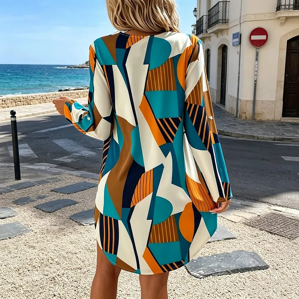 V-Neck Long-Sleeved Dress Geometric Pattern Printed Loose Mini Dress Summer Beach Casual Short Dress