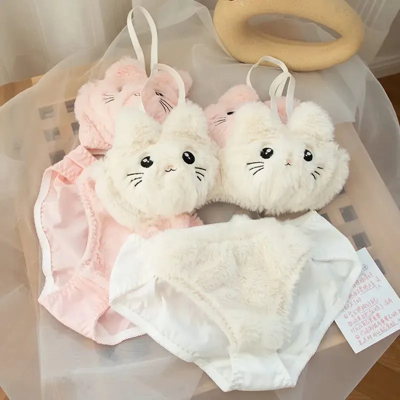 Japanse Kawaii Pluche Vrouwen Bh Set Schattig Meisje Kat Comfortabele Bh Set Cartoon Ondergoed Mooie Zachte Student Lingerie