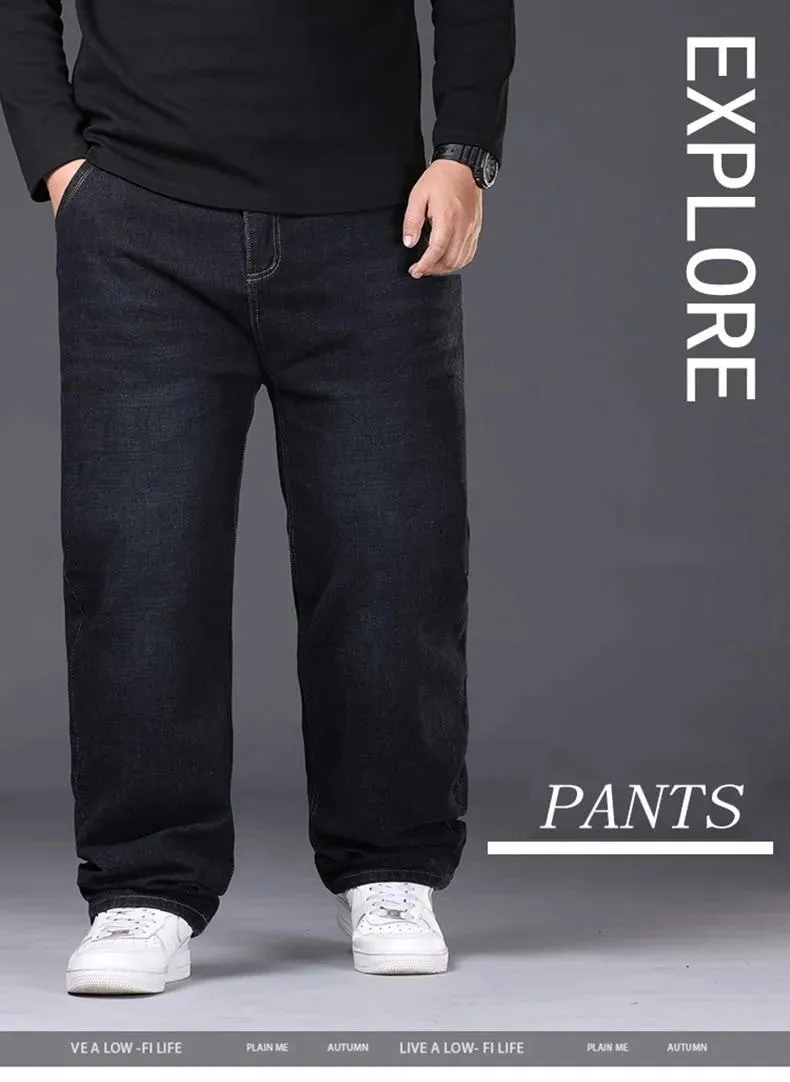 Men's Stretch Straight Jeans Plus Size Loose Fit Denim Trousers For Big Belly Guys Casual Long Pants Big Sizes To 50