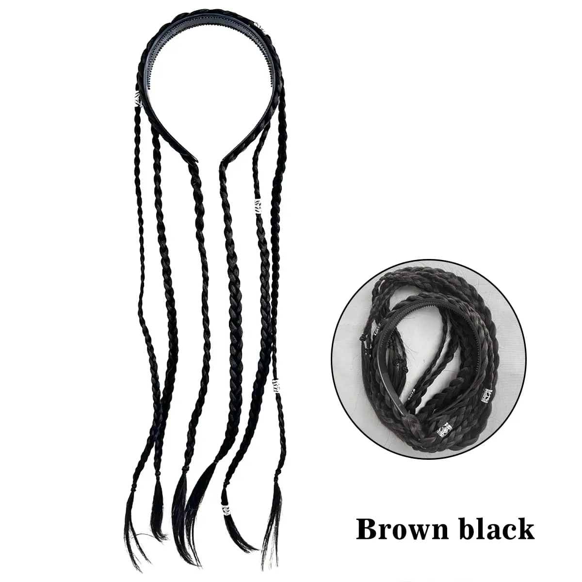 Synthetic Braided Headband Wig Braids Hairband With Decorative Silver Rings Long Box Braid Headband Hairpieces For Women Daily