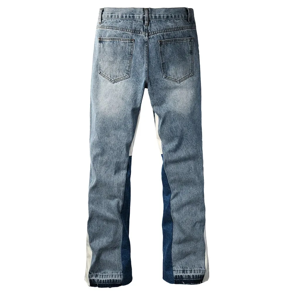 Men Spliced Flared Denim Jeans Patchwork Boot Cut Pants Streetwear Contrast Color Released Hem Blue Trousers — image 2