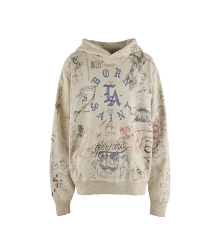 26FW SAINT x Ber B J Co-brand Big Logo Printed Women Men Washed Hooded Sweatshirt Hoodies Vintage Distressed Men Casual Hoodie