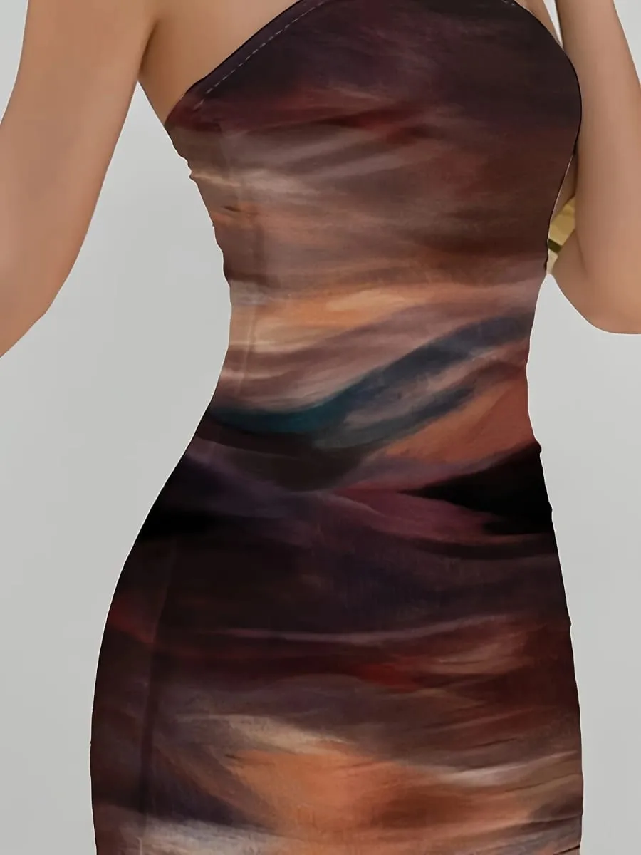Elegant Women's Knitted Gradient Print Mini Dress Spring Summer New Style Party Holiday Sexy Strapless Slim Fit Gown