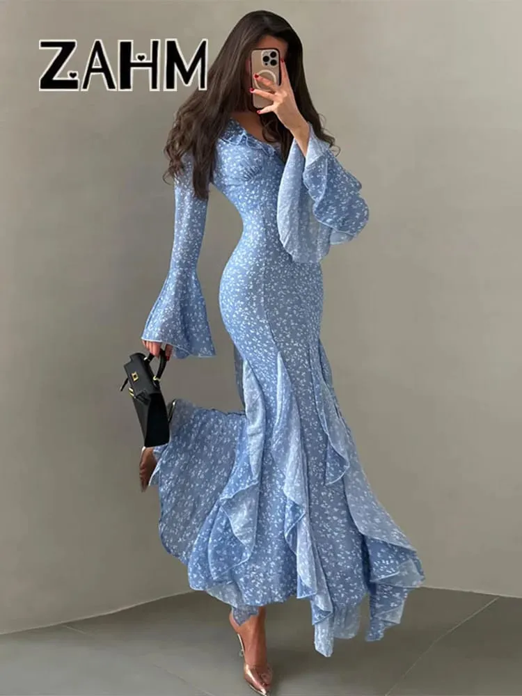 Chic Printed Women's Dress Ruffle Bell-Bottomed Sleeve V-Neck Slim Lady Long Dresses 2026 Spring Summer Female Vacation Robe New