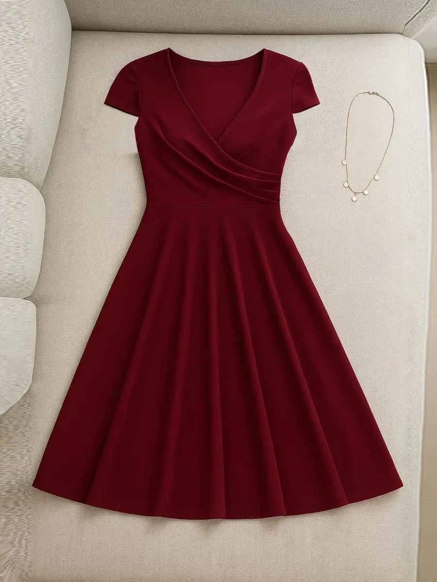 Women's Elegant Round Neck Summer Short Sleeve Solid A-Line Knee-length Dress High Waist Swagger Party Wedding Casual Departure