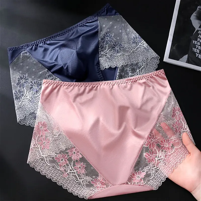 Satin Ice Silk Briefs Mens Lace 3D U Pouch Underwear Sexy Floral Man Panties Breathable Low Waist Shorts Convex Pouch Underpants