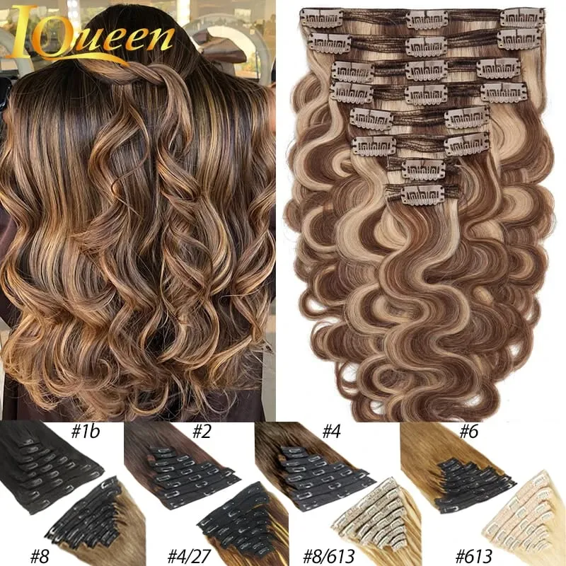 Highlight 4/27 Body Wave Clip In Hair Extensions 100% Human Hair 120g/8pcs Full Head Clip Ins Human Hair Extensions For Woman