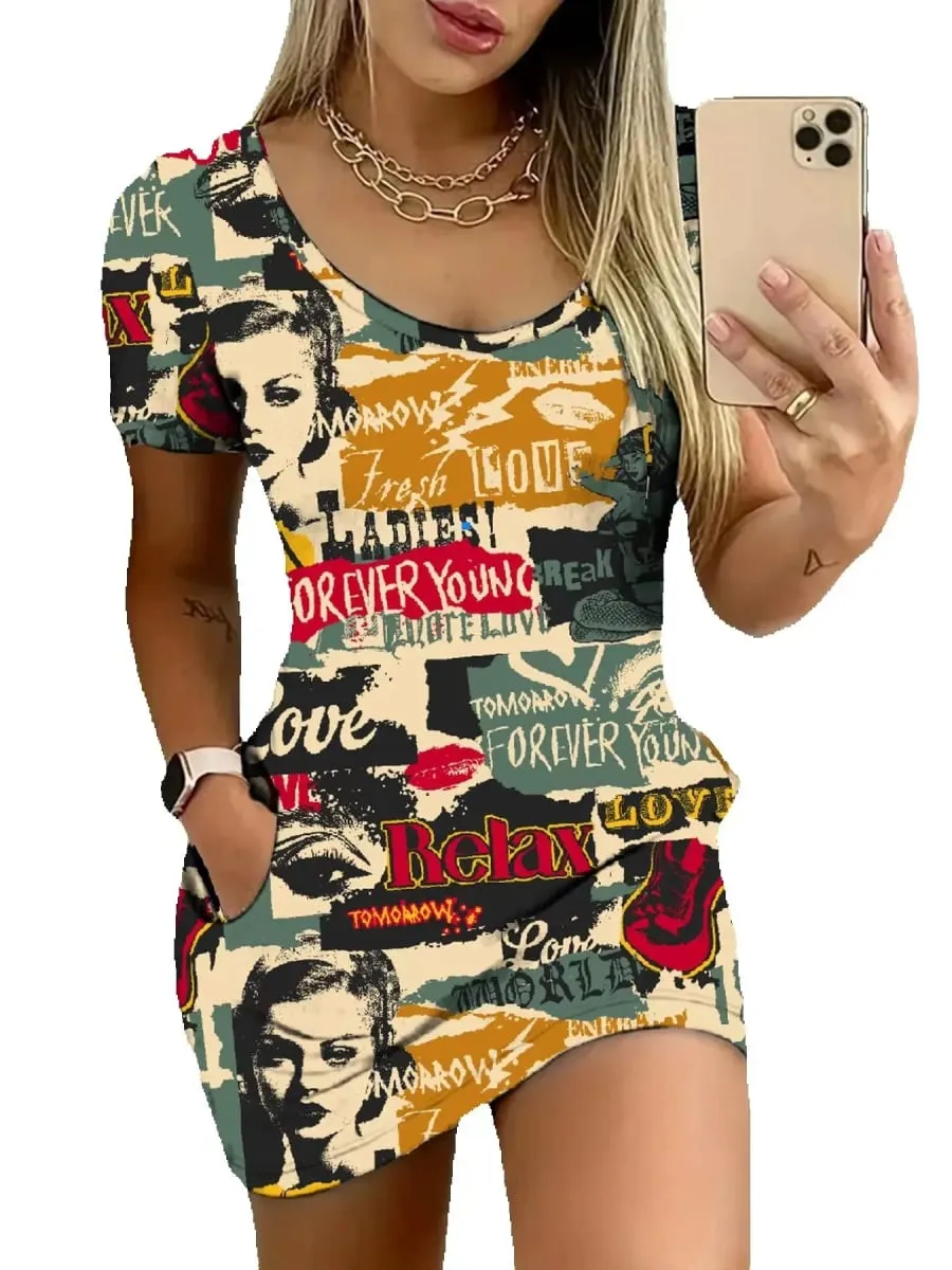 Women's Casual Elegant Comfortable round Neck Short Sleeve Skirt Dress Mini with Letter Figure Pattern Print — image 6
