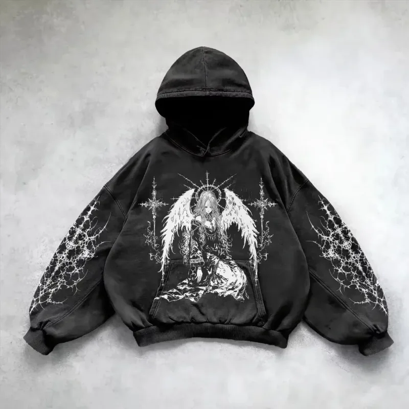 Retro Gothic Graphic Print Hip Hop Hoodie for Men Y2k Grunge Punk Casual Loose Pullover Women Streetwear Sweatshirt Hoodies
