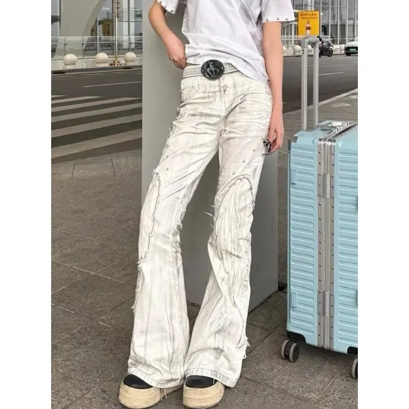 Women American Retro Y2K Flare Jeans White Washed Patchwork Y2K Vintage Hrajuku Punk High Waist Slim Streetwear Denim Pants — image 8