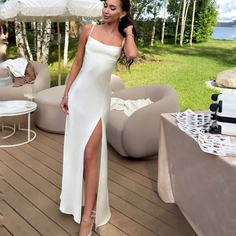 Tsiisd Fashion Satin Backless Women's Mini Dress Lace-Up Spaghetti Strap Slit Elegant Sexy Wedding Party Dress Female Dress 2026