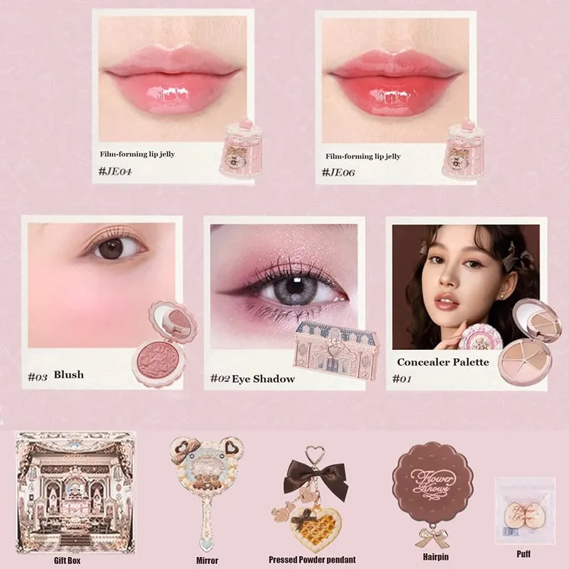 Flowerknows THE SWEETIE BEAR COLLECTION ชุดของขวัญแต่งหน้า All In คอนซีลเลอร์ Palette Blush Setting Powder Lip Jelly ของขวัญกล่องกระจก