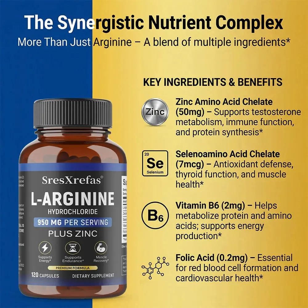 Men's L-Arginine 950mg Capsules - Supports Blood Circulation Workout Endurance & Muscle Growth Mercury for Adult 120 Capsules