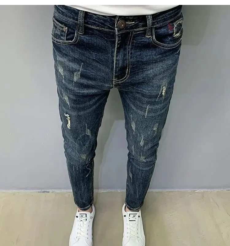 Harajuku Fashion Autumn New Blue Jeans Men's Trendy Brand Scratches Cargo Work Korean Slim-fitting Trousers Luxury Elastic Pants