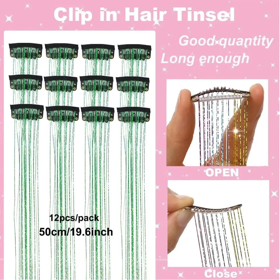 Synthetic 12Pcs Hair Tinsel Clip In Glitter TinselStraight Hair Extensions Tinsel Kit Shiny Hair Accessories For Women