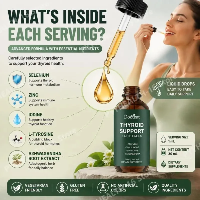 Thyroid Support Liquid Drops with Selenium Zinc Iodine L-Tyrosine & Ashwagandha for Thyroid Health and Daily Support Vegan 30ml