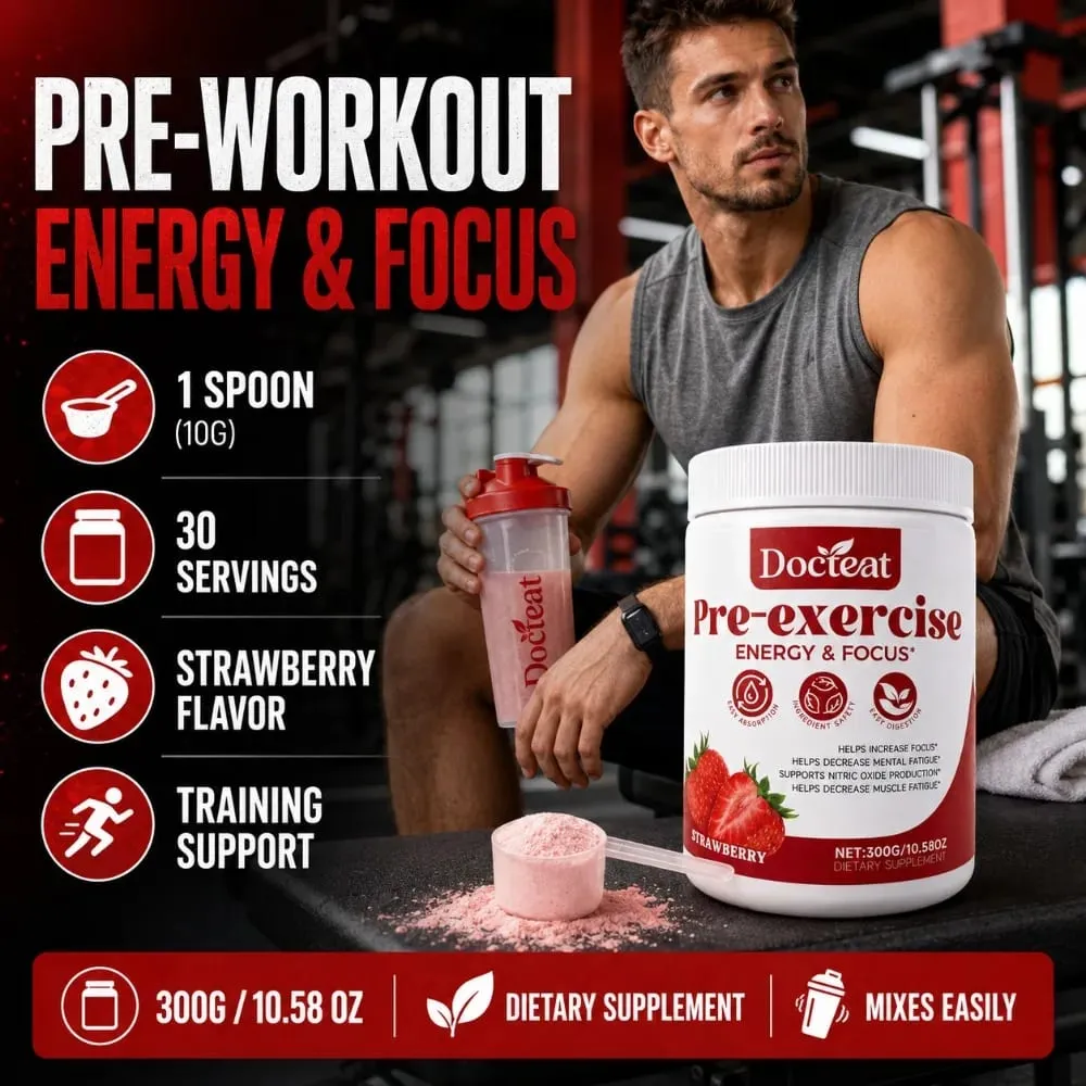 Docteat Pre Workout Powder Strawberry Energy & Focus Support Beta-Alanine L-Citrulline Rhodiola 300g 30 เสิร์ฟเครื่องดื่มผสม