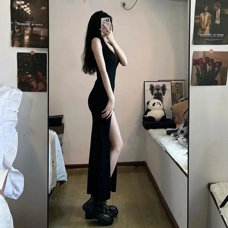 Summer New Black Queen Style Sexy Strap Dress for Women's Clothing Design Slim fit Split Hip hugging Long Skirt