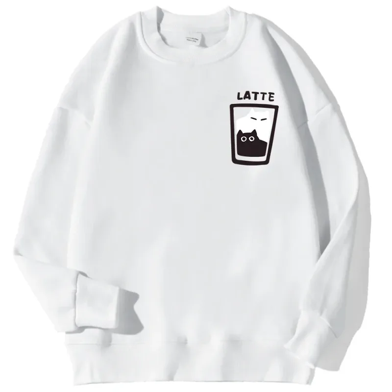 Cat Latte Cartoon Design Men Sweatshirt Fashion Casual Hooded Vintage Loose Hoodies Korean Fleece Clothing