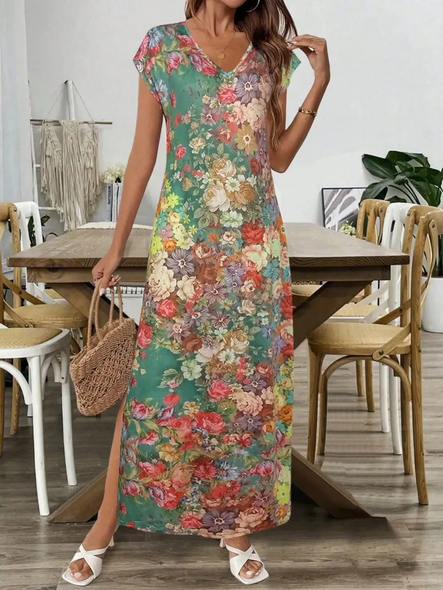 2026 Summer New Fashion Womens Colorful Floral Print V Neck Short Sleeve Maxi Dress Side Slit Summer Boho Loose Fit Long Dress