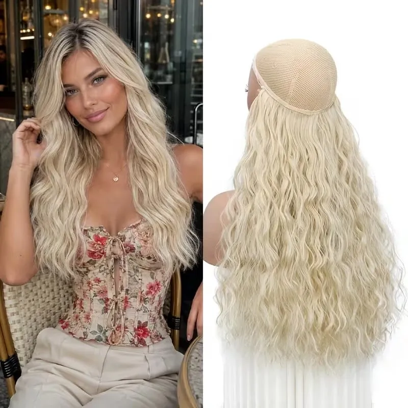 18Inch Synthetic Invisible Fish Line Hair Extensions Long Curly Wavy High Temperature Fiber Hairpiece for Women Daily Party