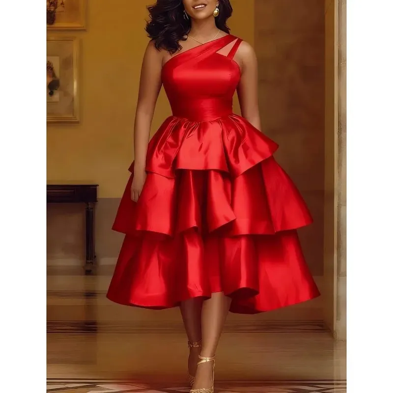 Women Elegant Shiny One Shoulder Ruffle Layered Christmas Party Dresses Date Out Birthday Wedding Guest Event Occasion Gowns New — image 2