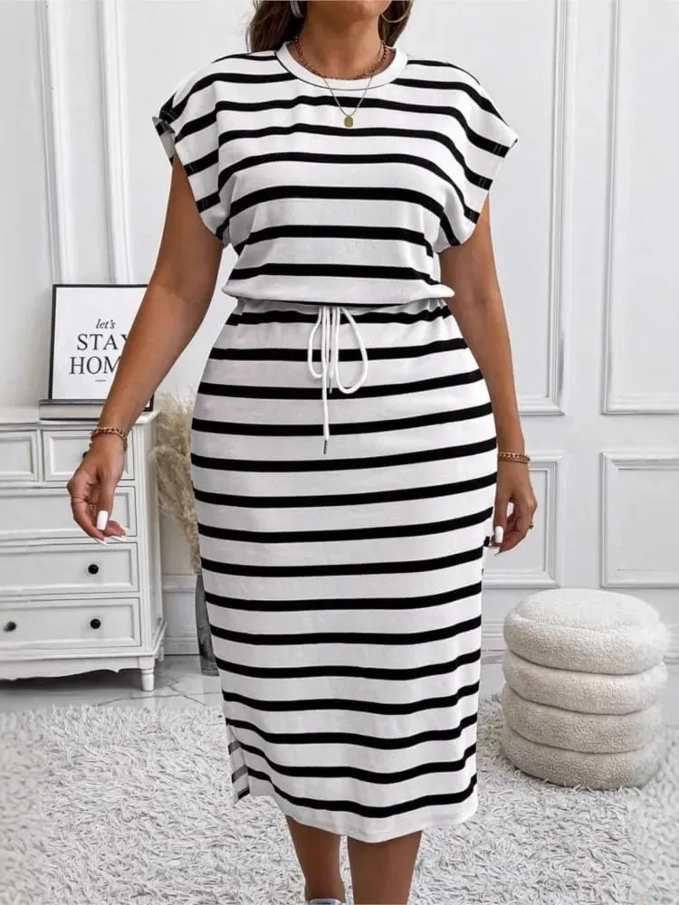 2025 Casual Striped Printed Short-sleeved Women's Dress Summer Fashion Cinched Waist Lace Up T Shirt Female Sports Dresses