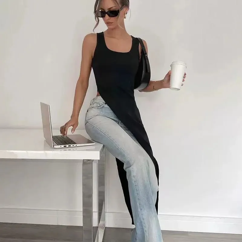 Sexy sleeveless side high slit dress solid color back free women's MIDI dress summer party club streetwear y2k — image 3