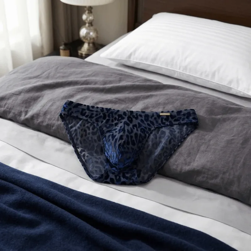 Quick Dry Ice Silk Men Briefs Lingerie Low Waist Sheer Underwear Convex Pouch Transparent Leopard Print Panties Male