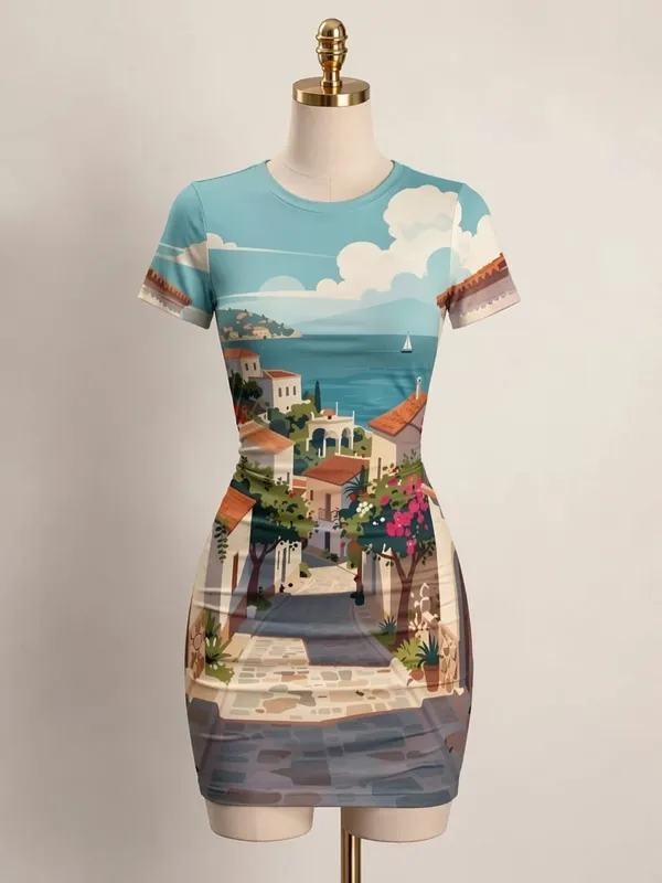 Womens Short Sleeve Bodycon Mini Dress Slim Fit Crew Neck Floral Print Casual Summer Party Flattering Lightweight Party Sundress