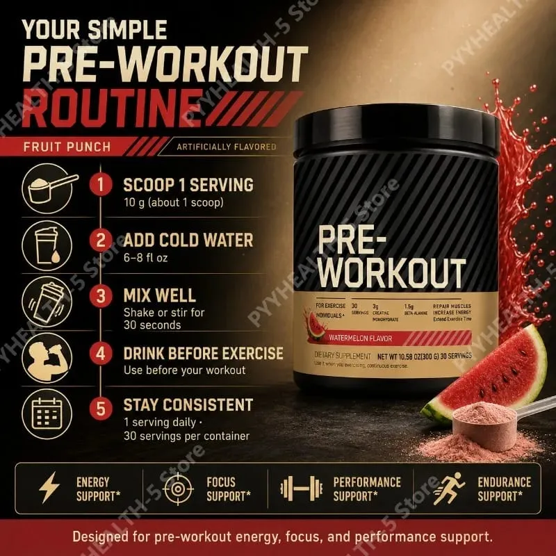 Předtréninkový prášek s kreatinem Beta Alanin L Citrulin Tyrosin Kofein Energie Endurance Focus Support 300 g 30 porcí