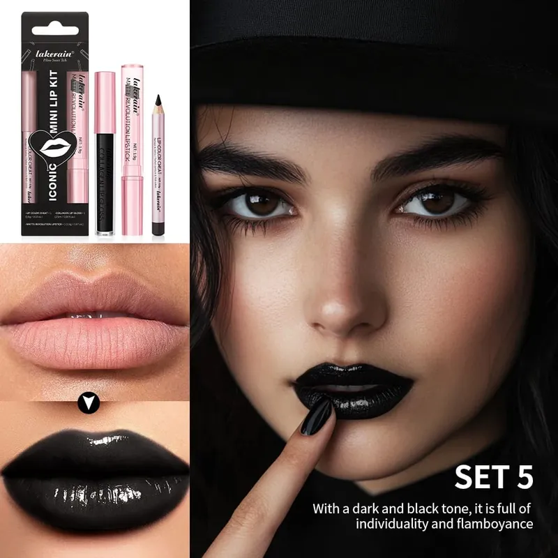 3pcs Halloween Black Lip Set Waterproof Long Lasting Matte Velvet Lip Gloss Lip Liner Black Lip Stain Halloween Goth Makeup
