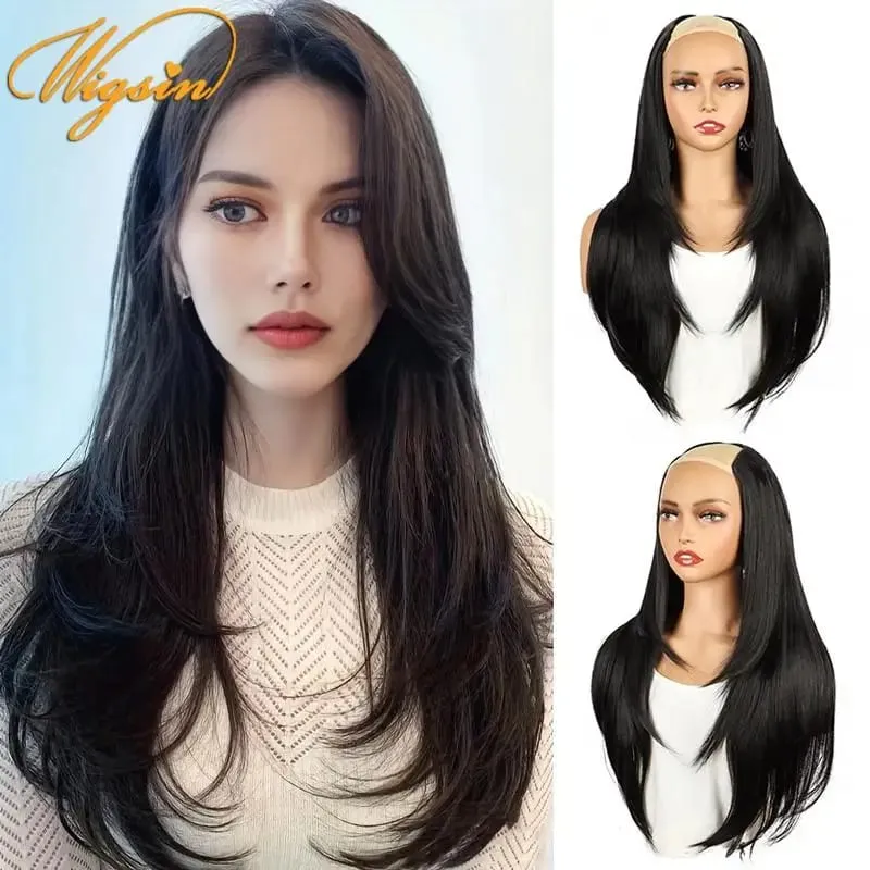 Extension de cheveux synthétiques 55cm en forme de V, postiche longue et lisse avec 4 Clips, postiche Invisible naturelle pour femmes