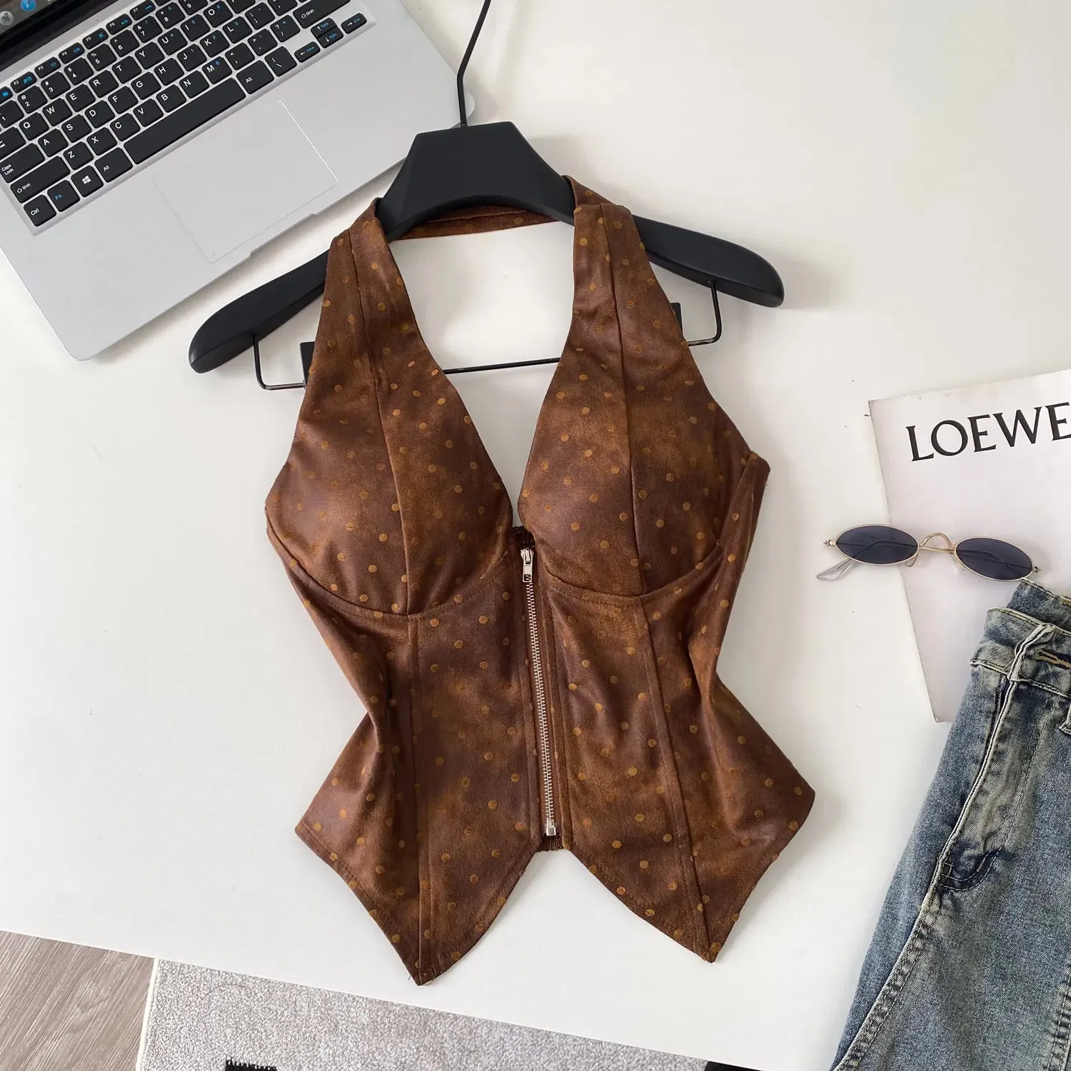 Polka Dot PU Leather Sexy Top Slim Backless Shirred Zipper Sensual Tank Top 2026 Women Trendy Halter Hotsweet Camisole — image 8