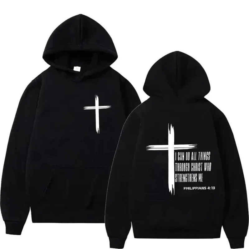 Men's Hoodie with Religious Cross and Motivational Text Prints Pullover Style Autumn Fashion Hooded Hoodie Casual Hoodie Unisex