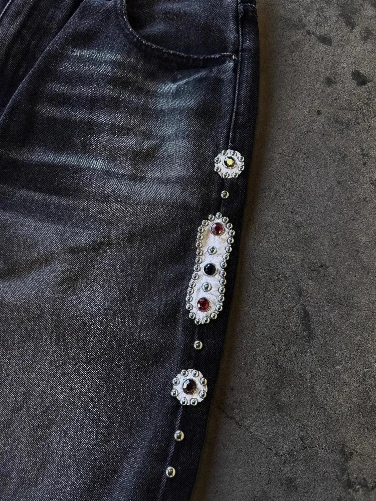 Mens Jeans Punk Vintage Streetwear Black Wide Leg Denim Pants Rhinestone Pearl Decor Ripped Distressed Loose Fit Y2K Fashion